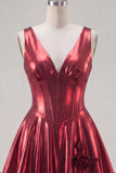 A Line Burgundy Short V-Neck Corset Metallic Homecoming Dress with 3D Flowers