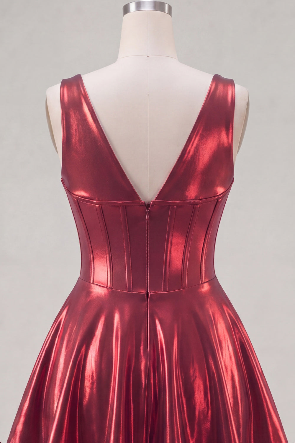A Line Burgundy Short V-Neck Corset Metallic Homecoming Dress with 3D Flowers