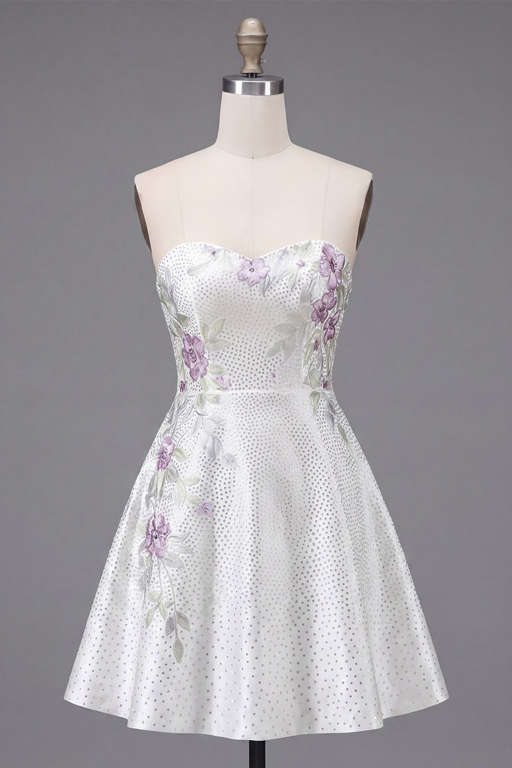 A Line Sparkly White Beaded Short Floral Homecoming Dress