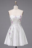 A Line Sparkly White Beaded Short Floral Homecoming Dress