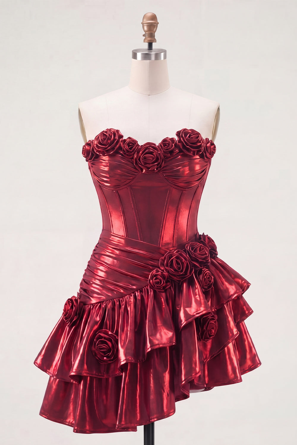Glitter Ruffled A Line Burgundy Short Corset Metallic Homecoming Dress with 3D Flowers