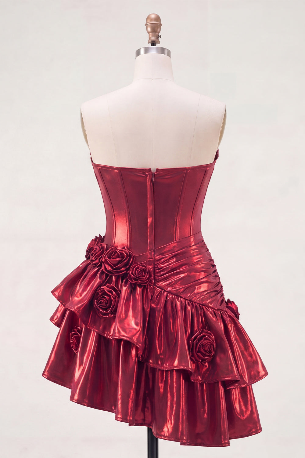 Glitter Ruffled A Line Burgundy Short Corset Metallic Homecoming Dress with 3D Flowers