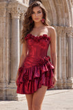 Glitter Ruffled A Line Burgundy Short Corset Metallic Homecoming Dress with 3D Flowers