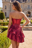 Glitter Ruffled A Line Burgundy Short Corset Metallic Homecoming Dress with 3D Flowers