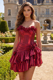Glitter Ruffled A Line Burgundy Short Corset Metallic Homecoming Dress with 3D Flowers