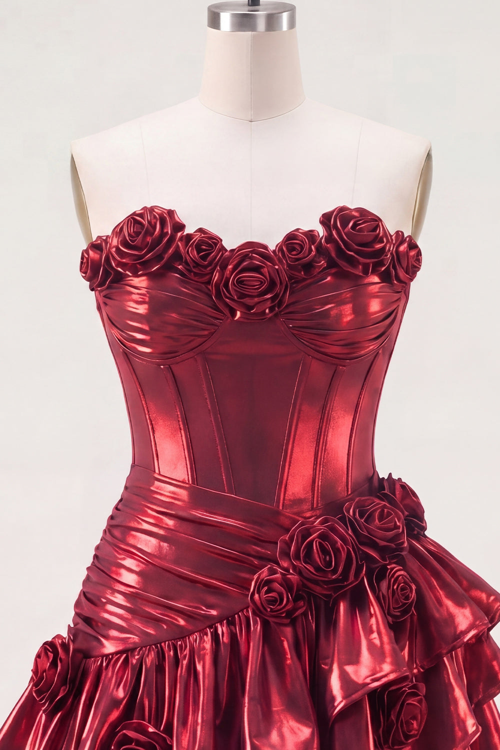 Glitter Ruffled A Line Burgundy Short Corset Metallic Homecoming Dress with 3D Flowers