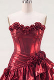 Glitter Ruffled A Line Burgundy Short Corset Metallic Homecoming Dress with 3D Flowers