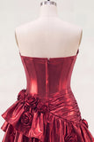 Glitter Ruffled A Line Burgundy Short Corset Metallic Homecoming Dress with 3D Flowers