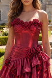 Glitter Ruffled A Line Burgundy Short Corset Metallic Homecoming Dress with 3D Flowers