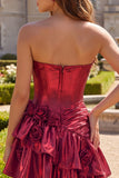 Glitter Ruffled A Line Burgundy Short Corset Metallic Homecoming Dress with 3D Flowers