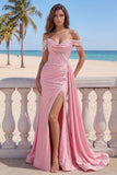 Off the Shoulder Mermaid Pink Fringed Long Prom Dress with Pearls