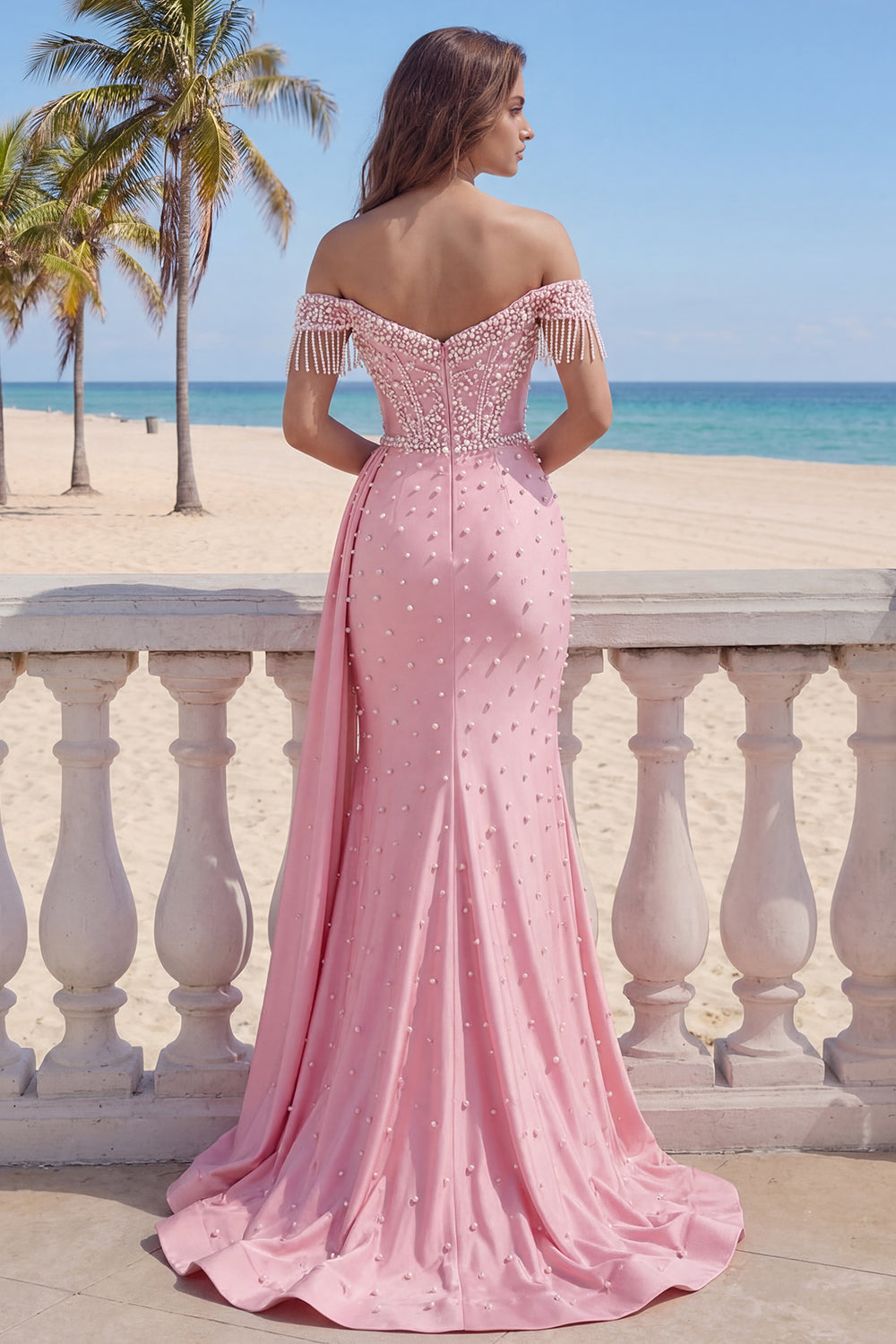 Off the Shoulder Mermaid Pink Fringed Long Prom Dress with Pearls