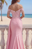 Off the Shoulder Mermaid Pink Fringed Long Prom Dress with Pearls