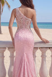 Mermaid Pink Cut Out One Shoulder Ruched Long Prom Dress with Pearls