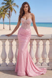 Corset Strapless Mermaid Pink Ruched Long Prom Dress with Pearls