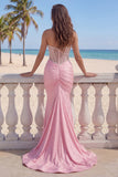 Corset Strapless Mermaid Pink Ruched Long Prom Dress with Pearls