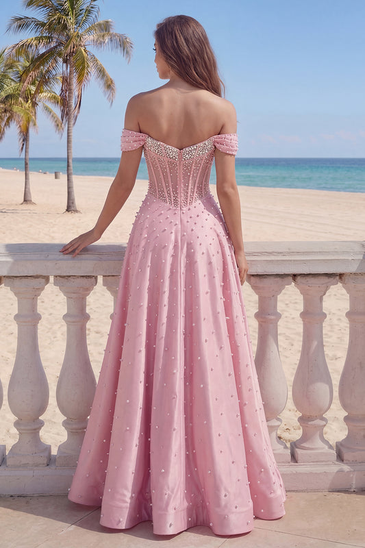 Corset A Line Off the Shoulder Pink Long Prom Dress with Pearls