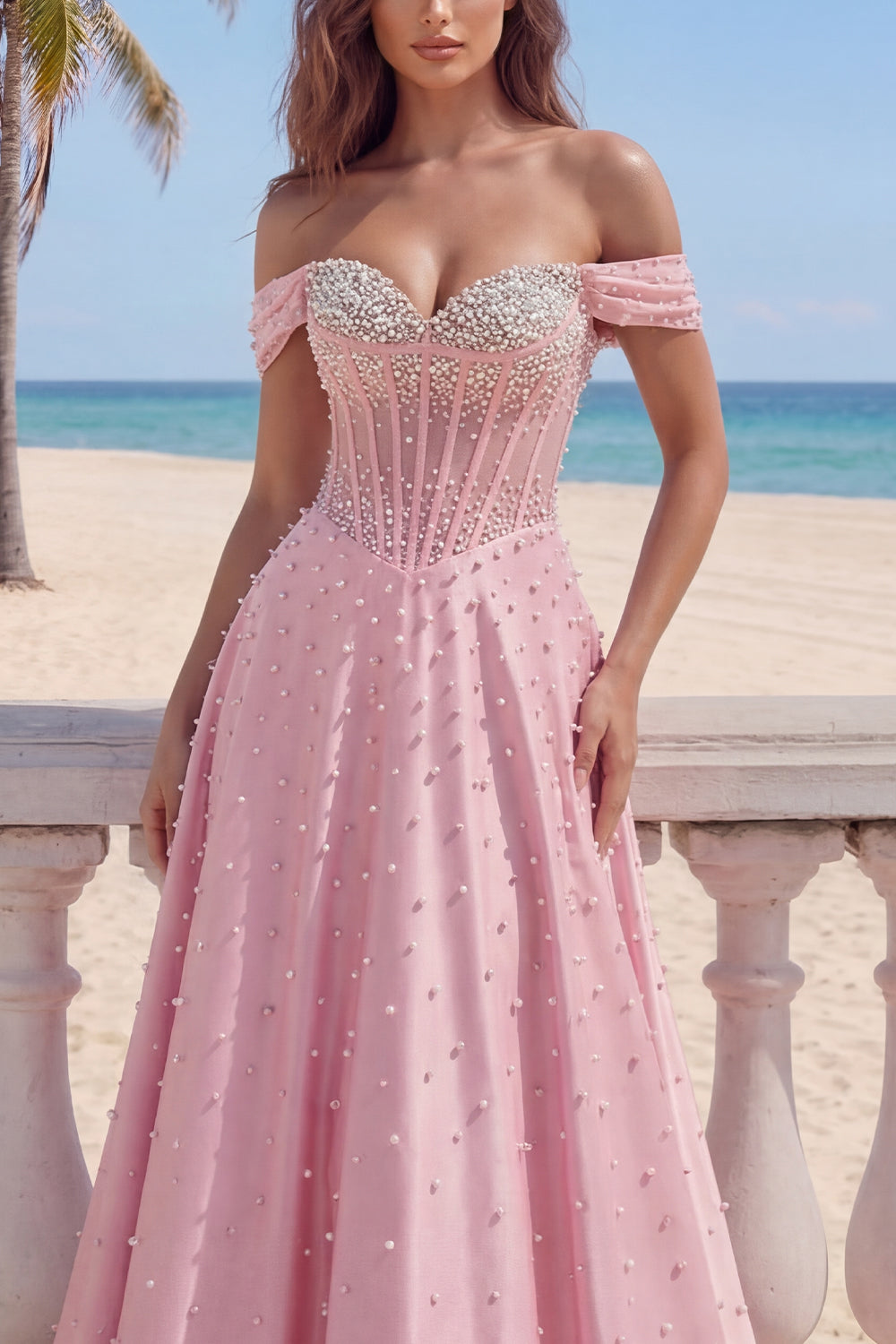 Corset A Line Off the Shoulder Pink Long Prom Dress with Pearls