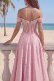 Corset A Line Off the Shoulder Pink Long Prom Dress with Pearls