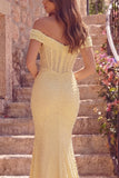 Butter Yellow Corset Mermaid Off the Shoulder Long Prom Dress with Pearls