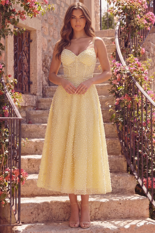 A Line Butter Yellow Corset Maxi Spaghetti Straps Prom Dress with Pearls