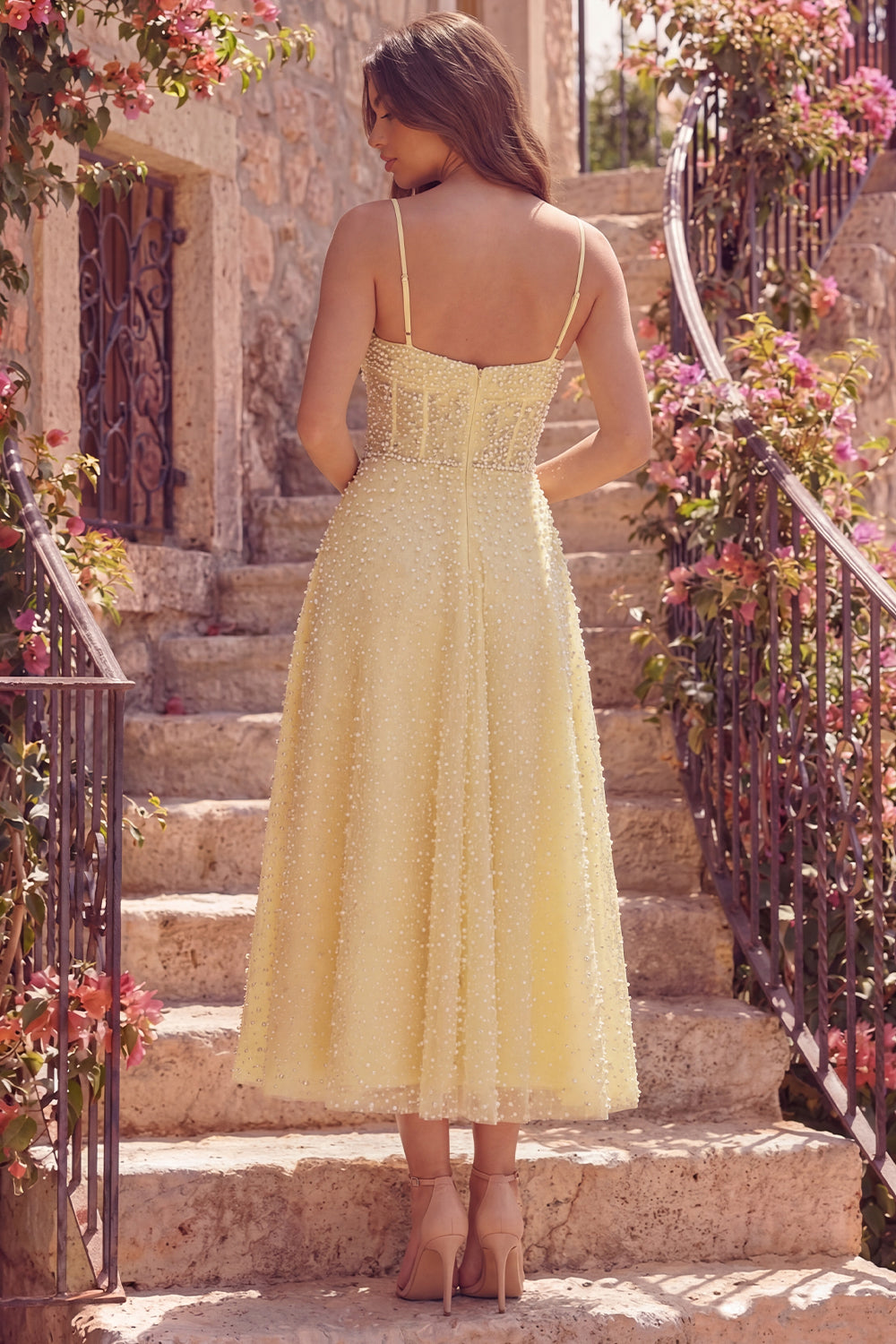 Zapakasa Women Butter Yellow Satin Long Corset Prom Dress with Pearls Spaghetti Straps A Line Pageant Dress Zapakasa Women Butter Yellow Satin Long Corset Prom Dress with Pearls Spaghetti Straps A Line Pageant Dress