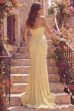 Ruched Strapless Butter Yellow Mermaid Long Prom Dress with Pearls