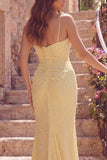 Ruched Strapless Butter Yellow Mermaid Long Prom Dress with Pearls