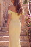 Off the Shoulder Butter Yellow Mermaid Long Prom Dress with Pearls