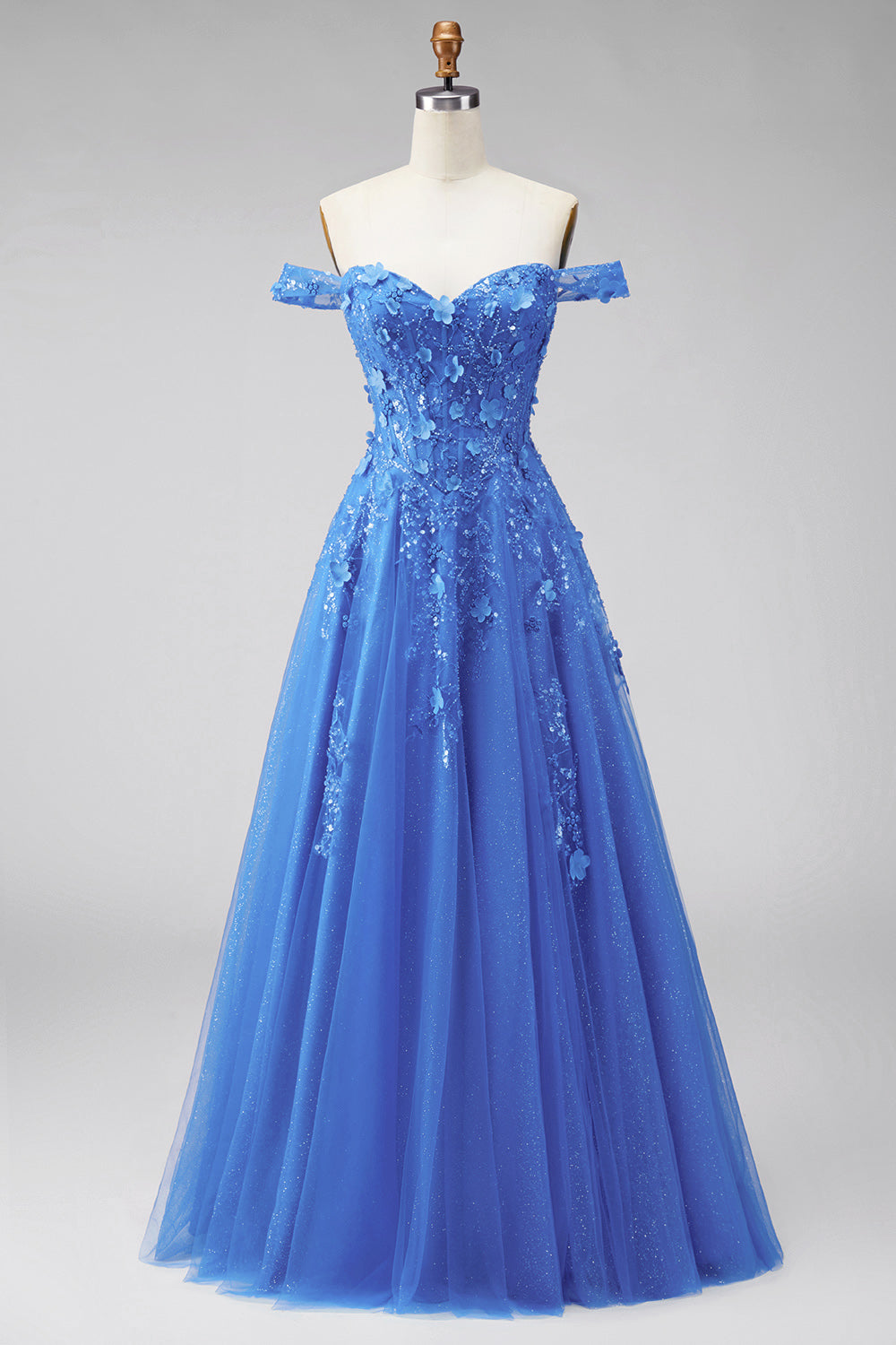 A Line Glitter Corset Dark Blue Floral Beaded Long Prom Dress