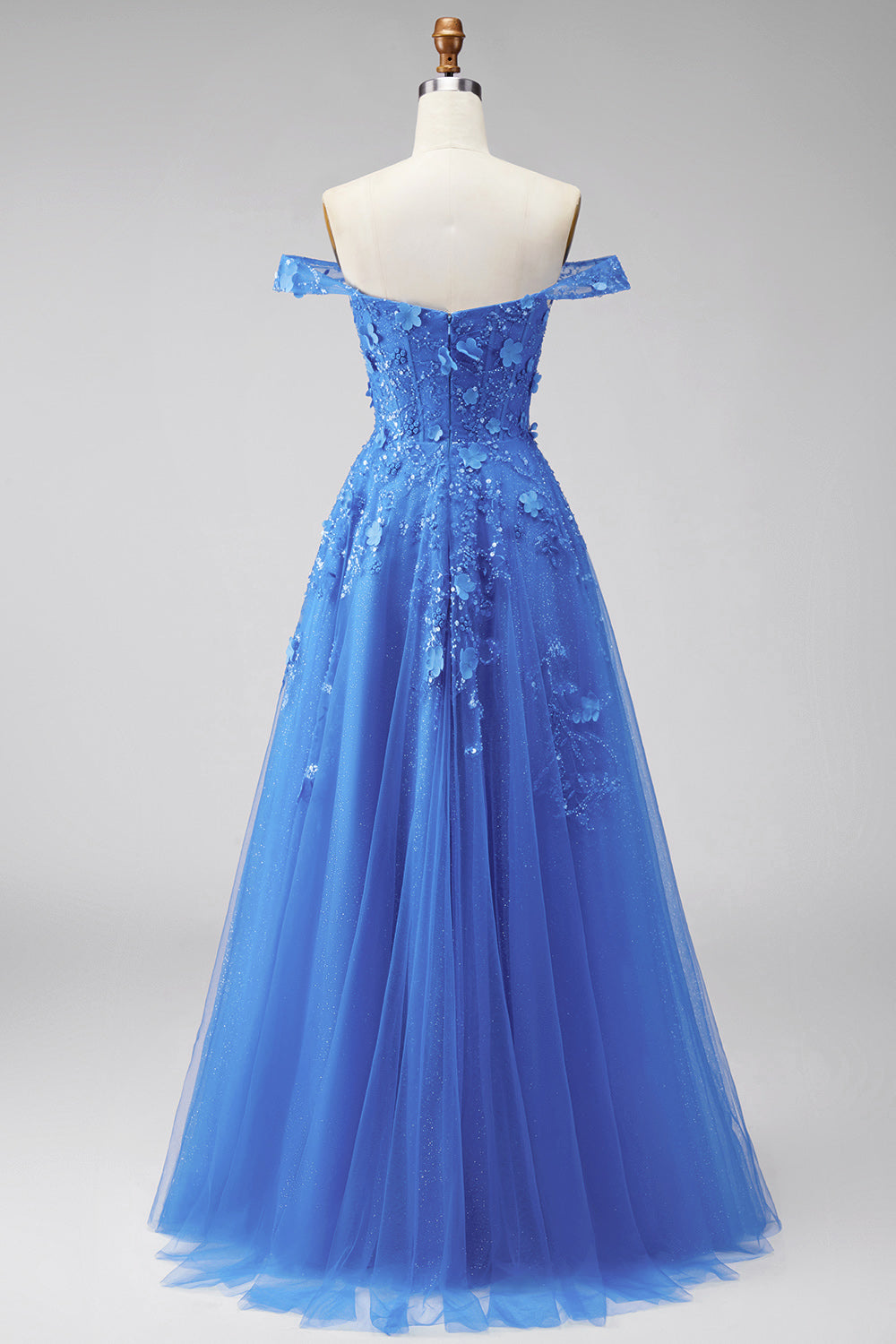 A Line Glitter Corset Dark Blue Floral Beaded Long Prom Dress