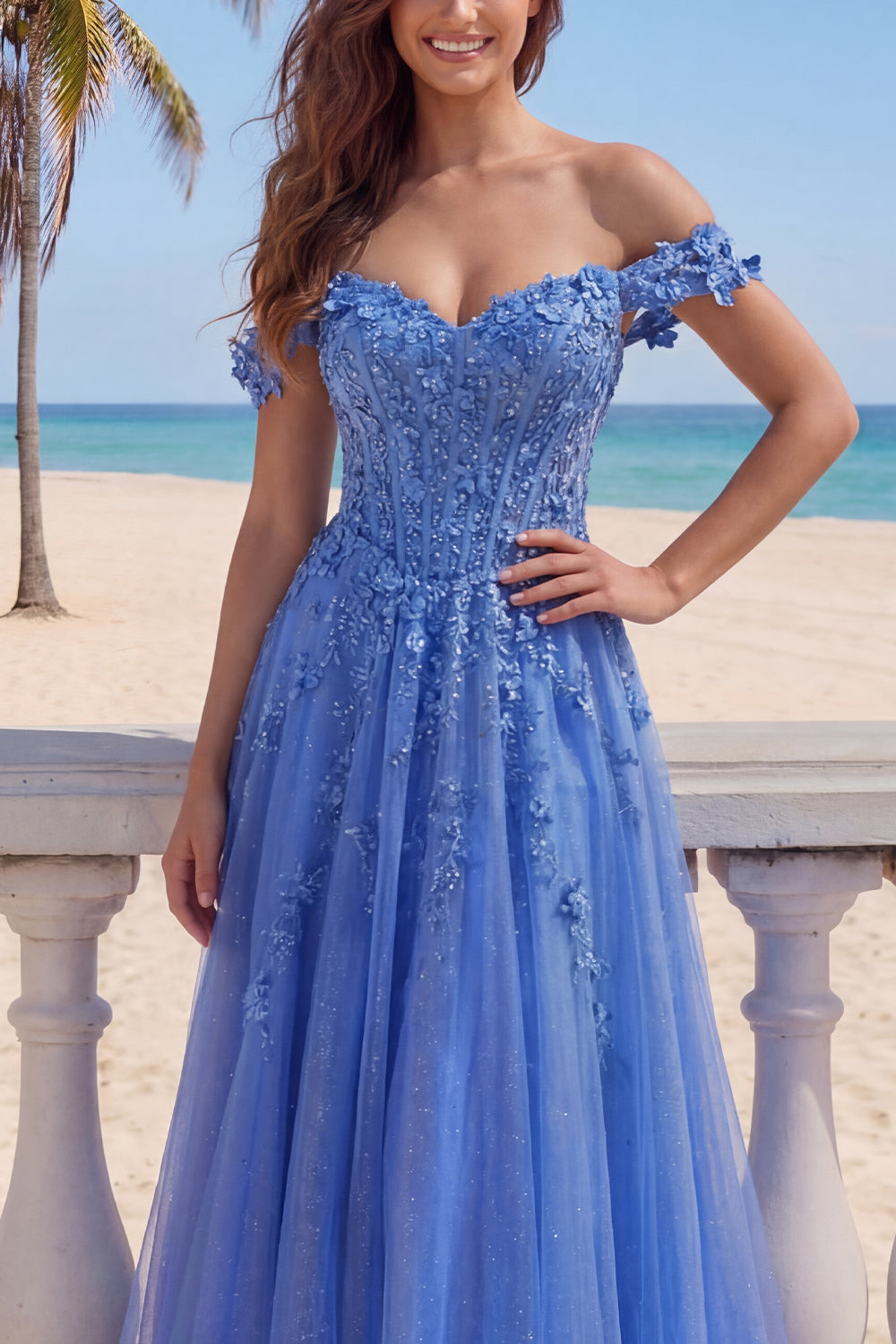 A Line Glitter Corset Dark Blue Floral Beaded Long Prom Dress
