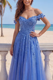 A Line Glitter Corset Dark Blue Floral Beaded Long Prom Dress