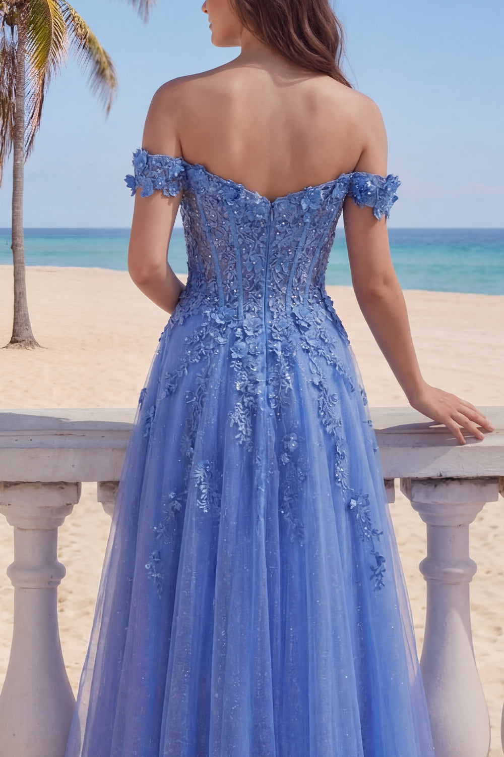 A Line Glitter Corset Dark Blue Floral Beaded Long Prom Dress