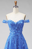 A Line Glitter Corset Dark Blue Floral Beaded Long Prom Dress