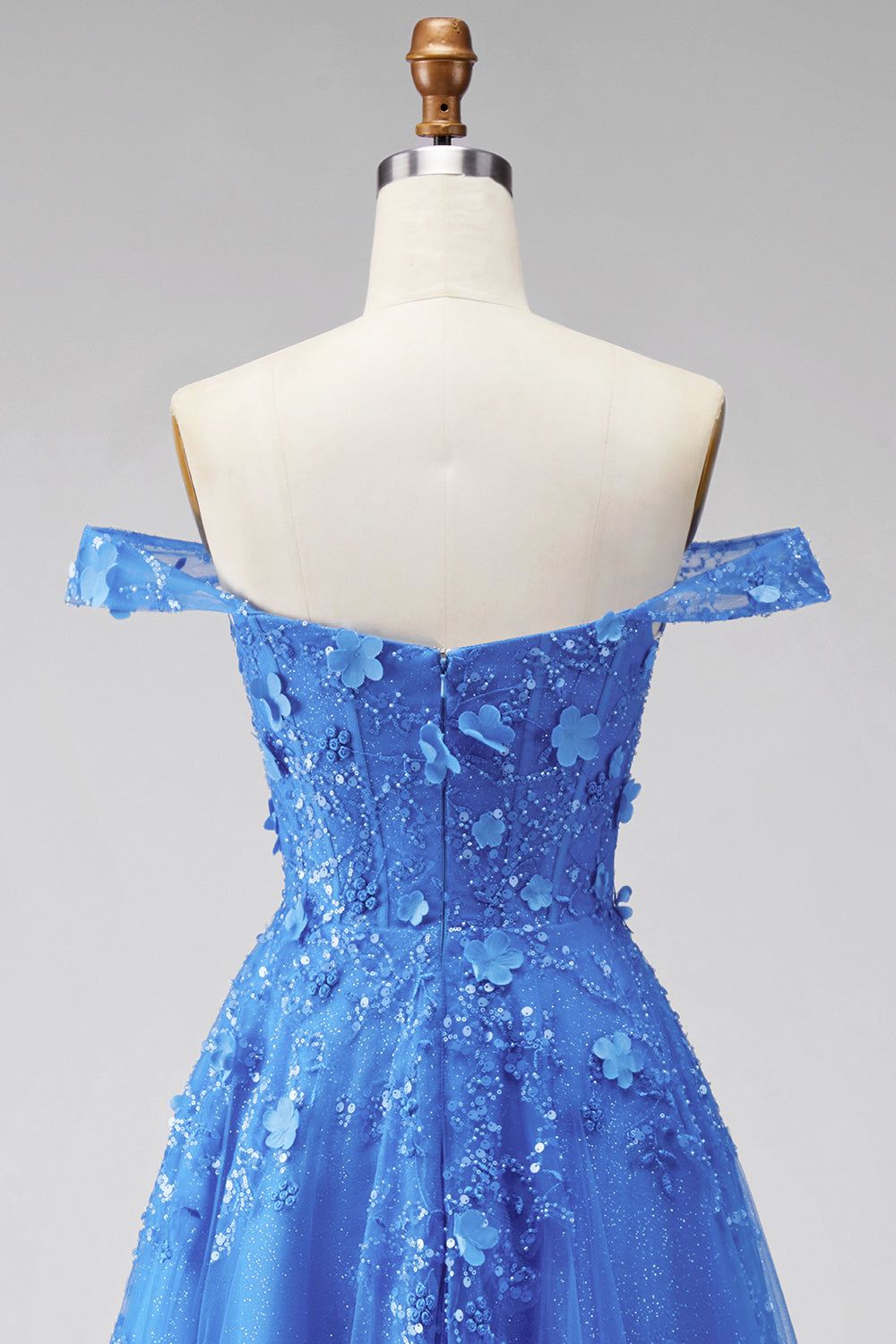 A Line Glitter Corset Dark Blue Floral Beaded Long Prom Dress