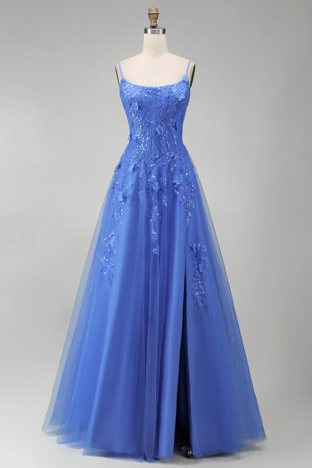 Corset Floral Beaded Sparkly Dark Blue A Line Long Prom Dress with Slit