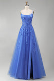 Corset Floral Beaded Sparkly Dark Blue A Line Long Prom Dress with Slit