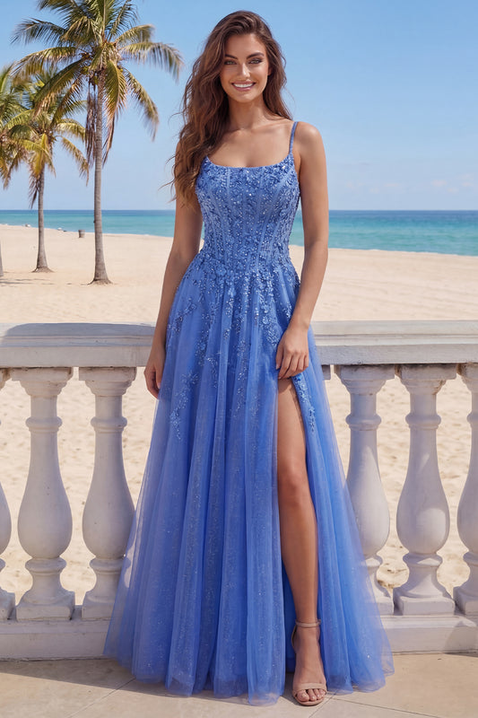 Corset Floral Beaded Sparkly Dark Blue A Line Long Prom Dress with Slit