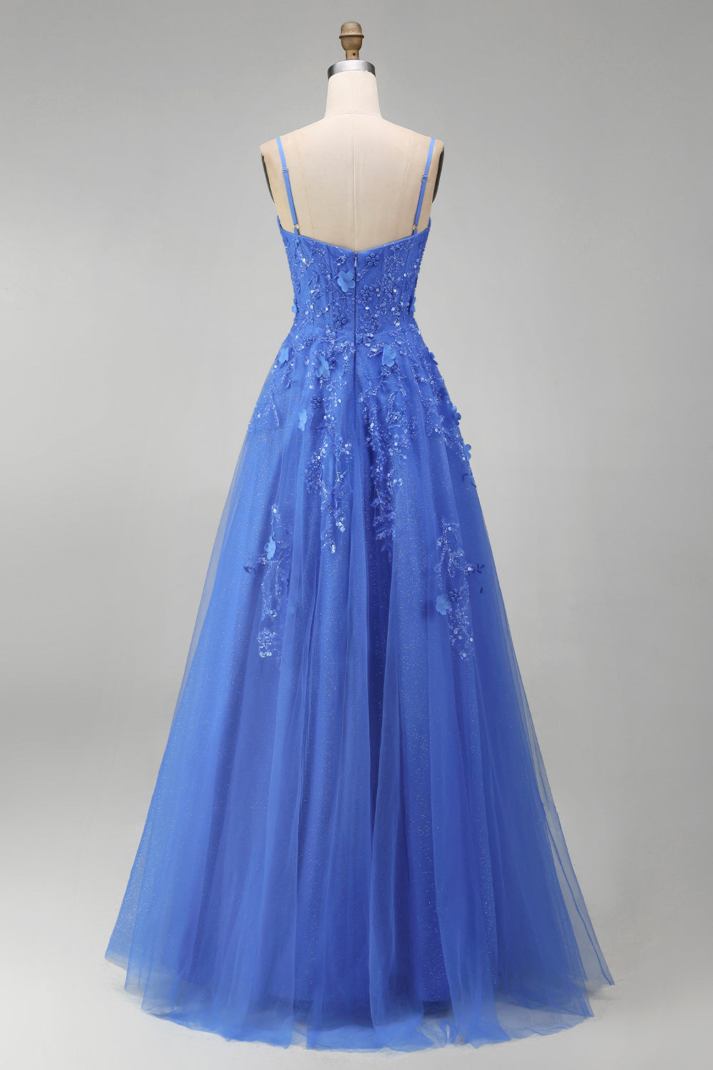 Corset Floral Beaded Sparkly Dark Blue A Line Long Prom Dress with Slit