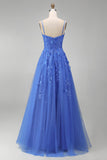 Corset Floral Beaded Sparkly Dark Blue A Line Long Prom Dress with Slit