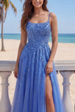 Corset Floral Beaded Sparkly Dark Blue A Line Long Prom Dress with Slit