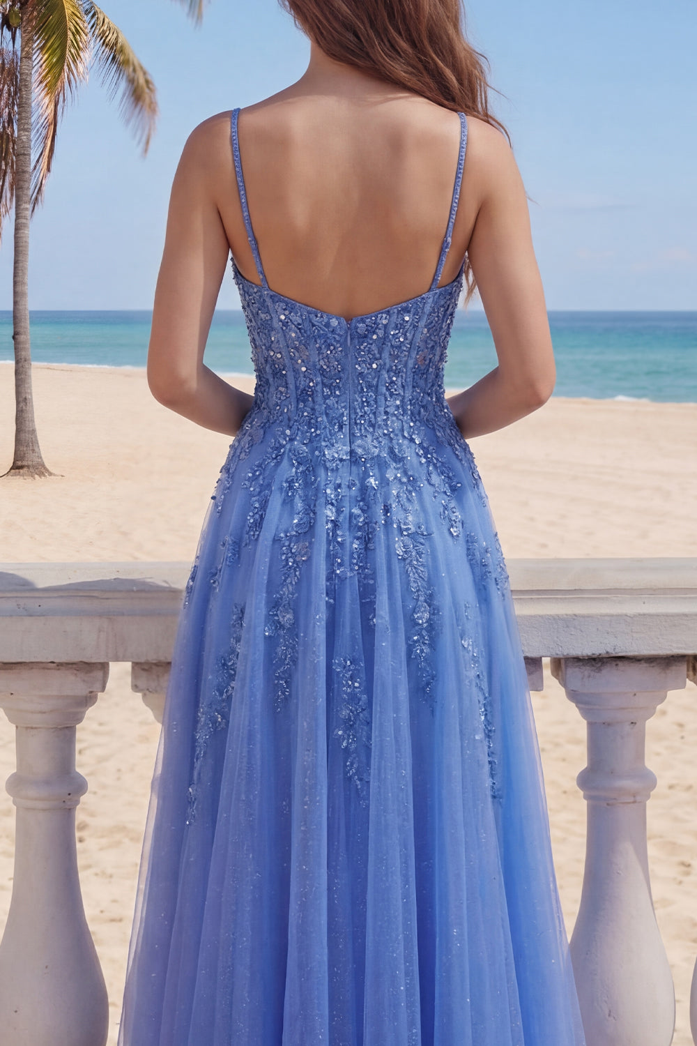 Corset Floral Beaded Sparkly Dark Blue A Line Long Prom Dress with Slit