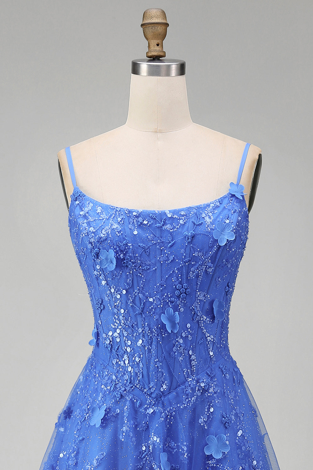 Corset Floral Beaded Sparkly Dark Blue A Line Long Prom Dress with Slit