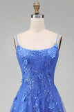 Corset Floral Beaded Sparkly Dark Blue A Line Long Prom Dress with Slit