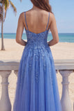 Corset Floral Beaded Sparkly Dark Blue A Line Long Prom Dress with Slit