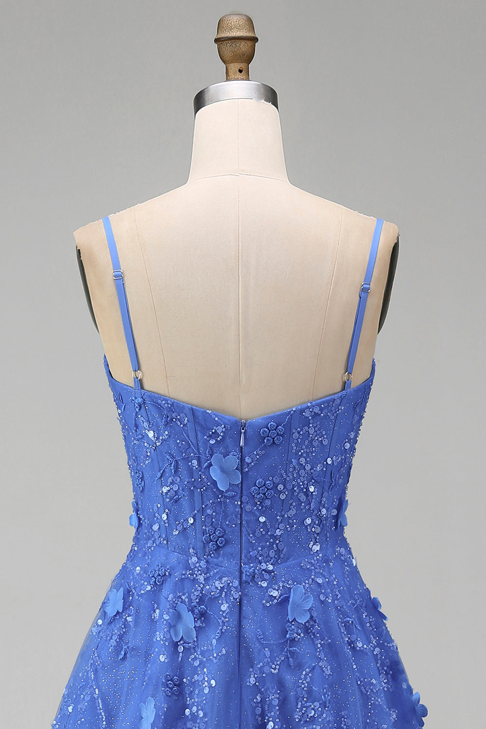 Corset Floral Beaded Sparkly Dark Blue A Line Long Prom Dress with Slit