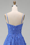 Corset Floral Beaded Sparkly Dark Blue A Line Long Prom Dress with Slit