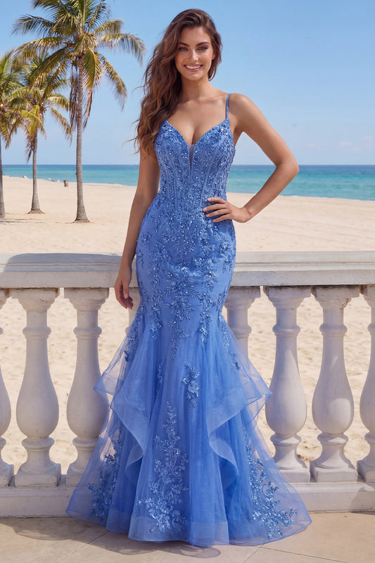 Mermaid Glitter Corset Dark Blue Floral Beaded Long Prom Dress with Ruffles