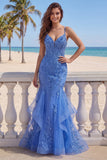 Mermaid Glitter Corset Dark Blue Floral Beaded Long Prom Dress with Ruffles